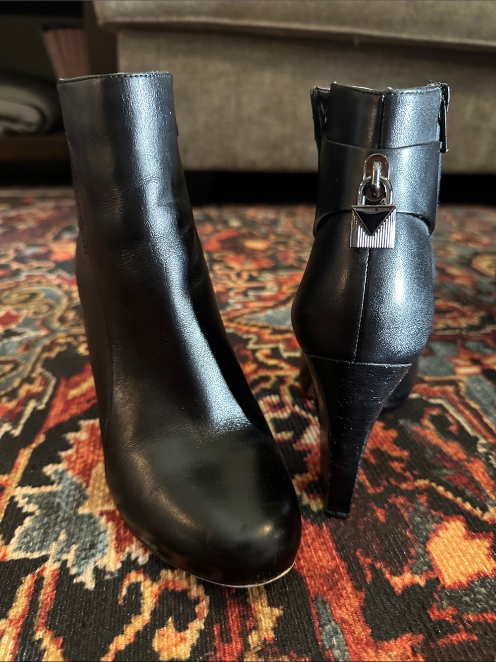 Michael Kors Black Leather High Heel Ankle Boots with Silver Accent